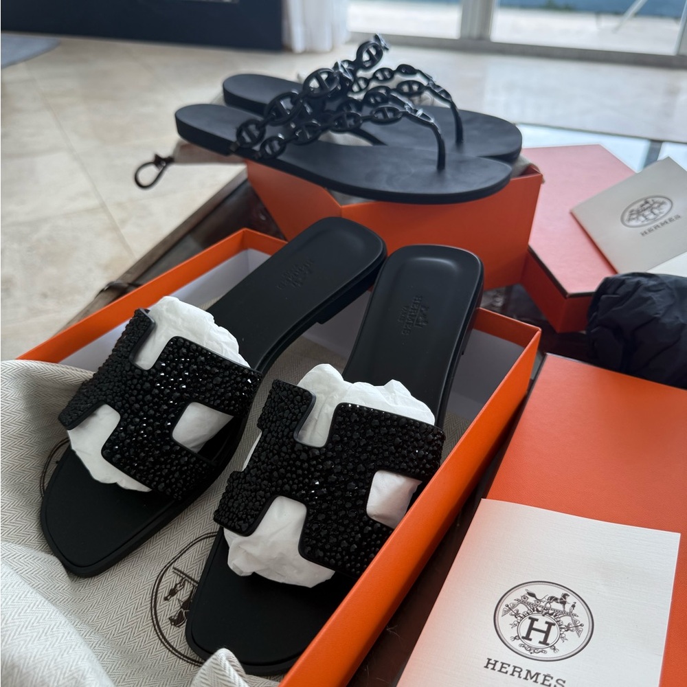 Hermes Black Rhinestone Sandals